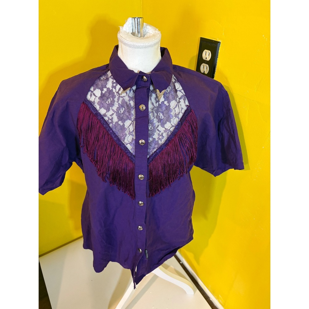 Vtg Lilia Smitty Western Shirt M Purple Fringe Lace Collar Tip Cowgirl Rodeo